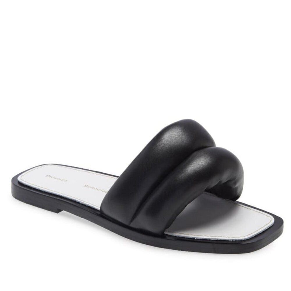 PROENZA SCHOULER Black Quilted Puffy Square Toe Slip On Leather Slide Sandal